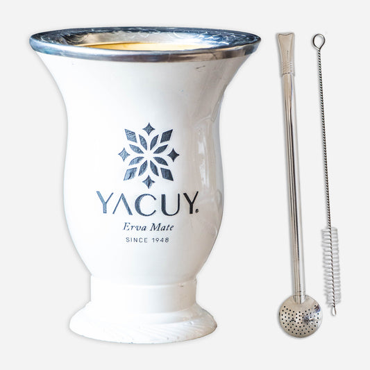 Yacuy Brazilian Yerba Mate Cup (White) with Stainless Steel Bombilla + Brush
