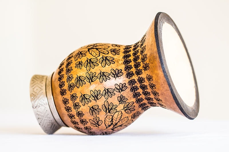 Handcrafted Brazilian Cuia Yerba Mate Gourd with Yerba Mate Leaf and Welcome to the Circle design and Stamped Pattern Metal Base