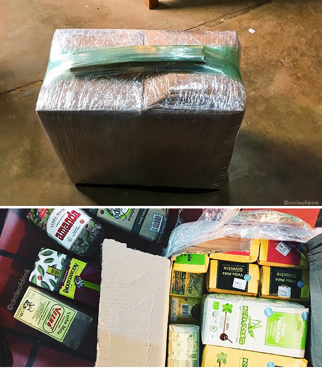 Traveling with large amounts of yerba mate. Here's a makeshift suitcase with 15 pounds of yerba mate. ©circleofdrink