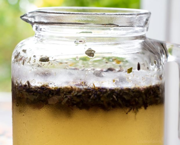 Iced yerba mate in glass jar with herbs - by circleofdrink